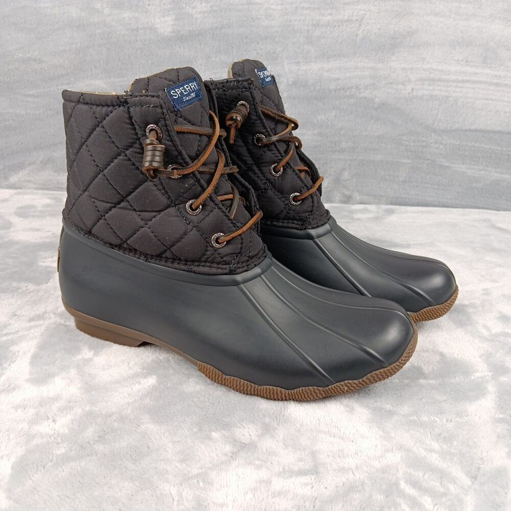 Sperry Saltwater Quilted Duck Boots Black Water Resistant Women Sz 8M